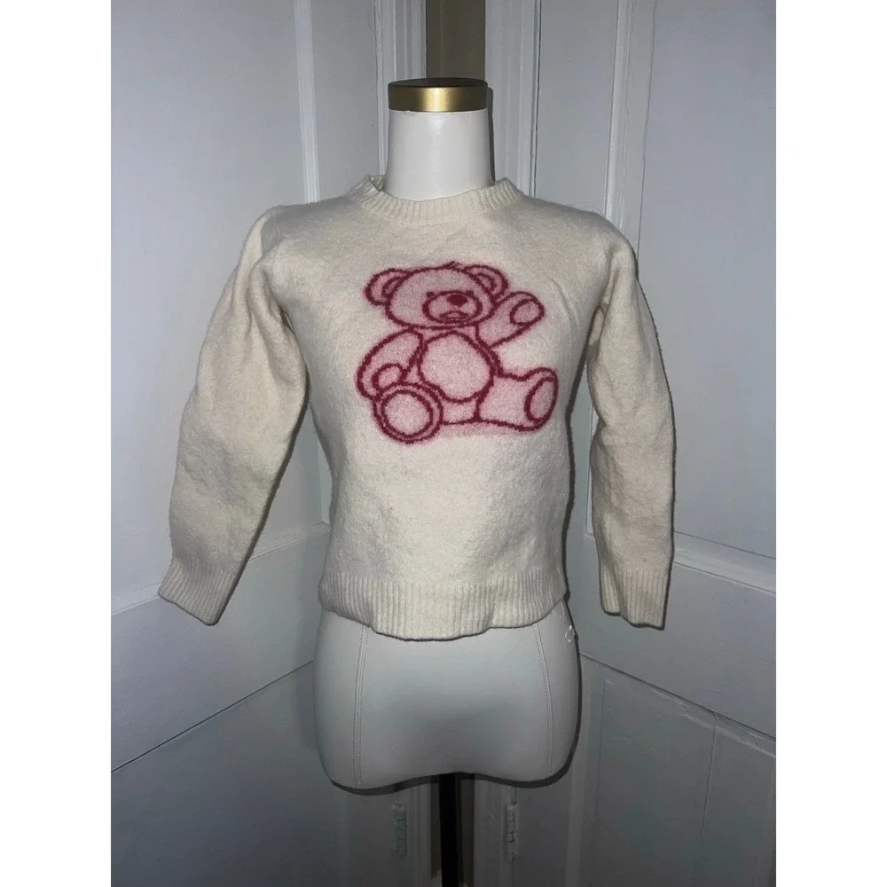 Teddy Bear Knit Sweater Cream Color Adorable Fuzzy Cute Cozy Knitwear